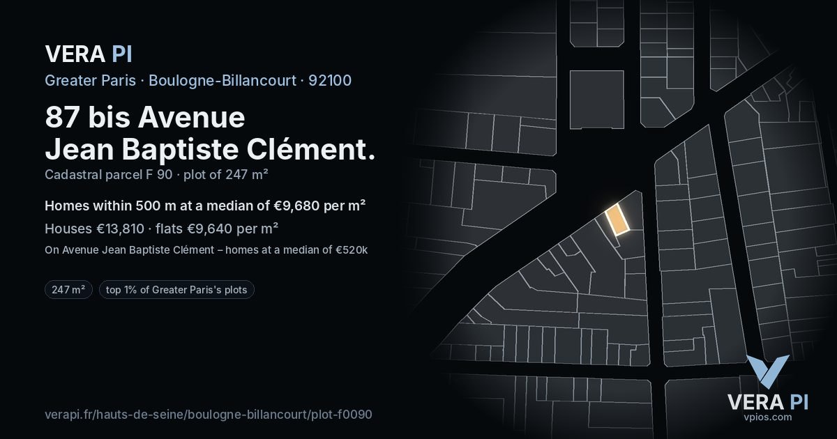87 bis Avenue Jean Baptiste Clément, Boulogne-Billancourt at night – the plot lit, the parcels around coloured by the prices near them