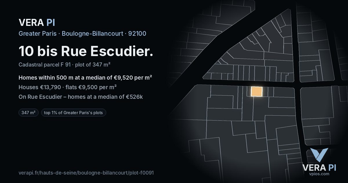 10 bis Rue Escudier, Boulogne-Billancourt at night – the plot lit, the parcels around coloured by the prices near them