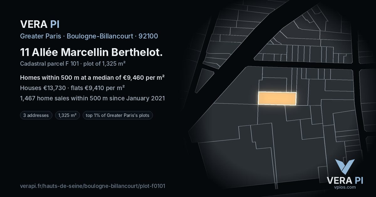 11 Allée Marcellin Berthelot, Boulogne-Billancourt at night – the plot lit, the parcels around coloured by the prices near them