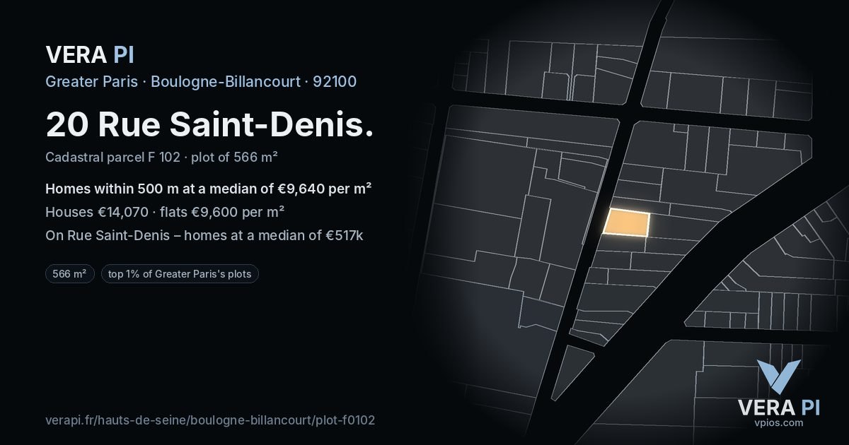 20 Rue Saint-Denis, Boulogne-Billancourt at night – the plot lit, the parcels around coloured by the prices near them