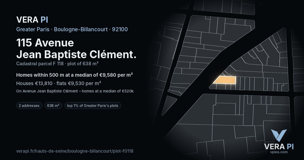 115 Avenue Jean Baptiste Clément, Boulogne-Billancourt at night – the plot lit, the parcels around coloured by the prices near them