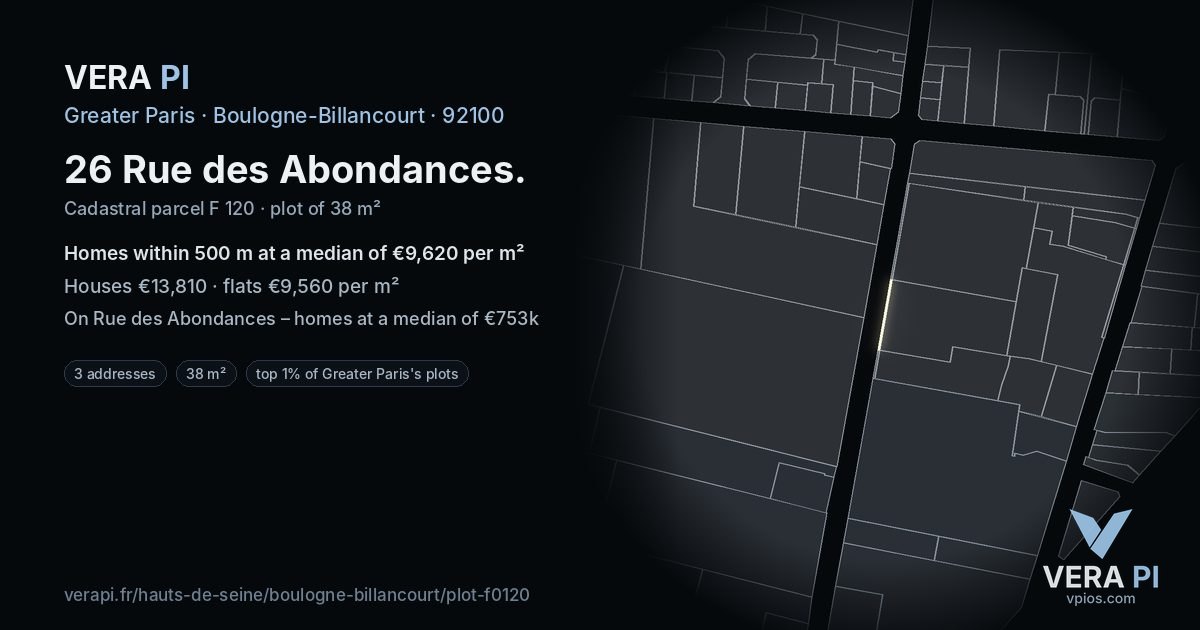 26 Rue des Abondances, Boulogne-Billancourt at night – the plot lit, the parcels around coloured by the prices near them
