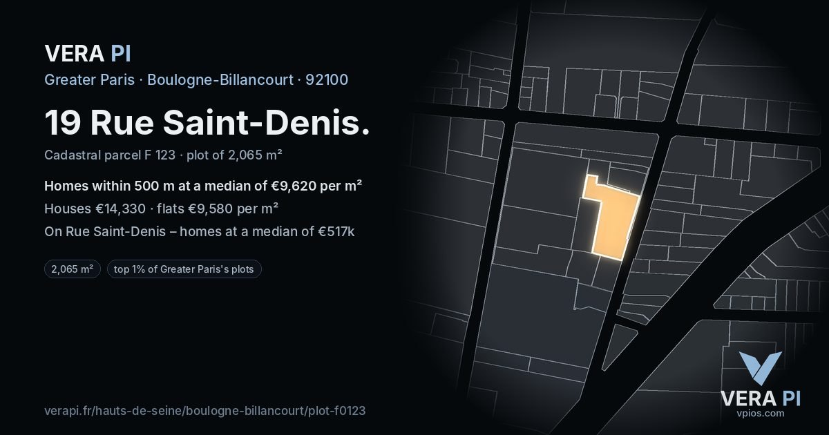 19 Rue Saint-Denis, Boulogne-Billancourt at night – the plot lit, the parcels around coloured by the prices near them