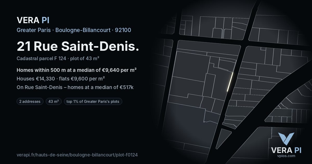 21 Rue Saint-Denis, Boulogne-Billancourt at night – the plot lit, the parcels around coloured by the prices near them