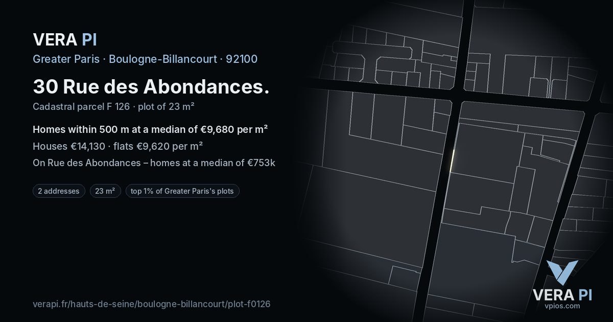 30 Rue des Abondances, Boulogne-Billancourt at night – the plot lit, the parcels around coloured by the prices near them