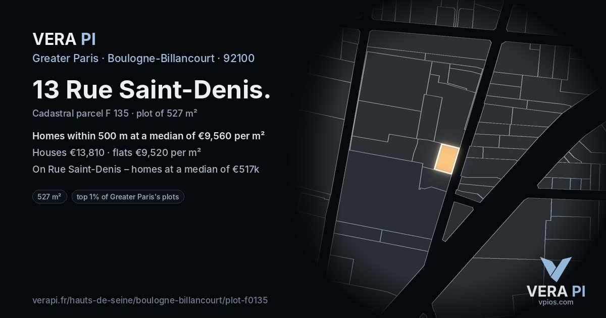 13 Rue Saint-Denis, Boulogne-Billancourt at night – the plot lit, the parcels around coloured by the prices near them