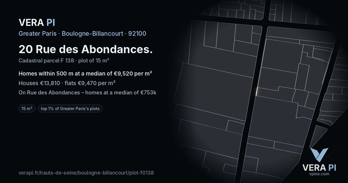 20 Rue des Abondances, Boulogne-Billancourt at night – the plot lit, the parcels around coloured by the prices near them