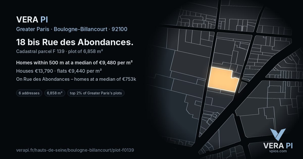 18 bis Rue des Abondances, Boulogne-Billancourt at night – the plot lit, the parcels around coloured by the prices near them