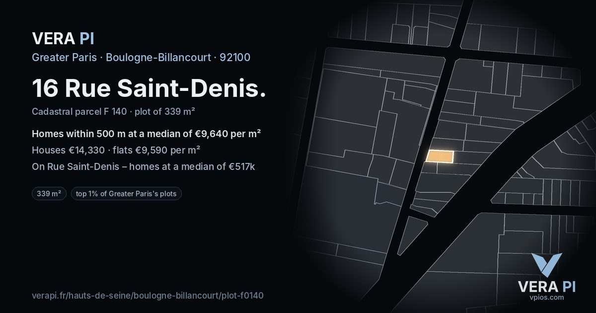 16 Rue Saint-Denis, Boulogne-Billancourt at night – the plot lit, the parcels around coloured by the prices near them