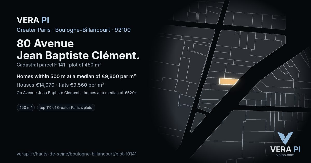 80 Avenue Jean Baptiste Clément, Boulogne-Billancourt at night – the plot lit, the parcels around coloured by the prices near them