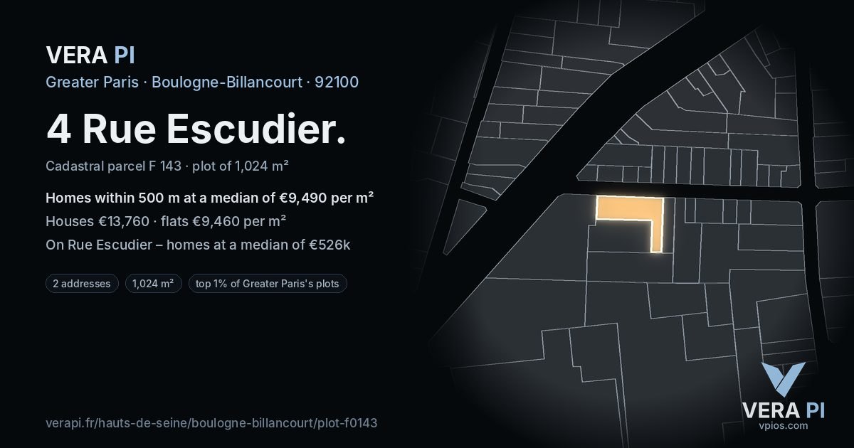 4 Rue Escudier, Boulogne-Billancourt at night – the plot lit, the parcels around coloured by the prices near them