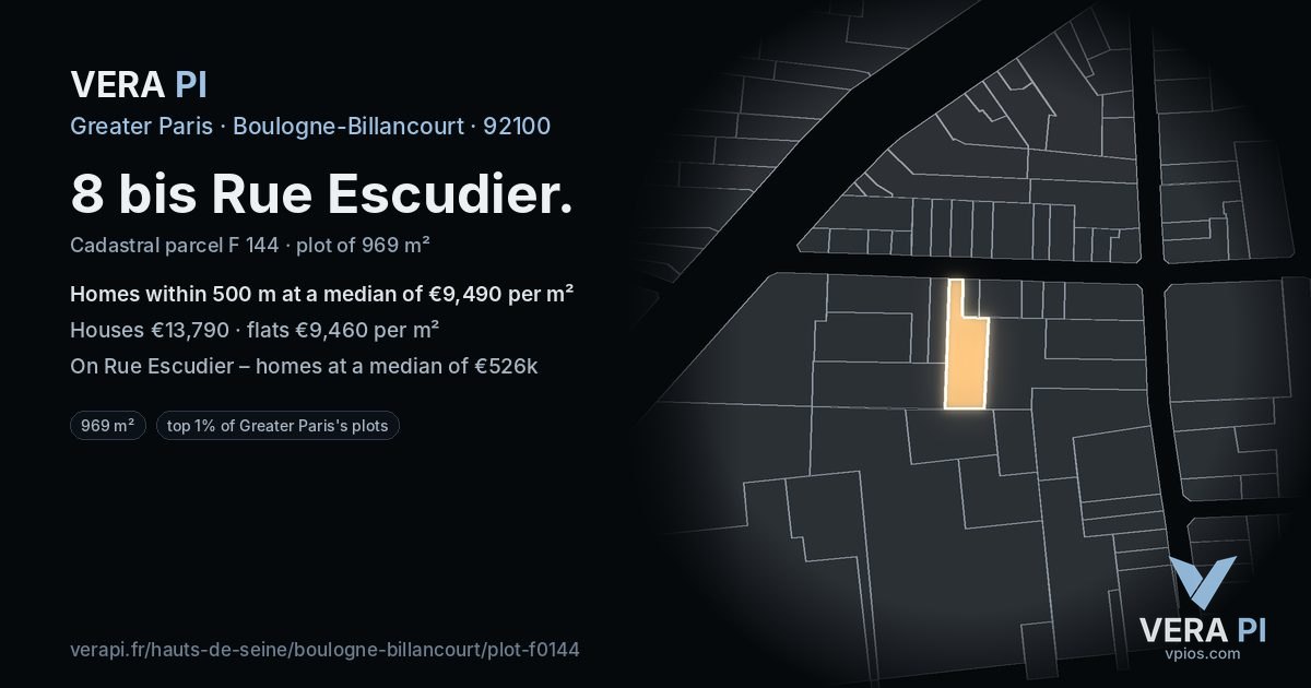 8 bis Rue Escudier, Boulogne-Billancourt at night – the plot lit, the parcels around coloured by the prices near them