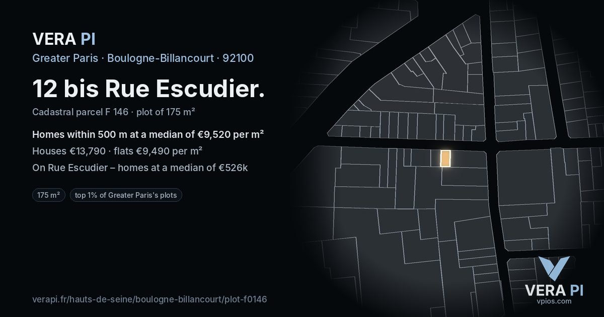 12 bis Rue Escudier, Boulogne-Billancourt at night – the plot lit, the parcels around coloured by the prices near them