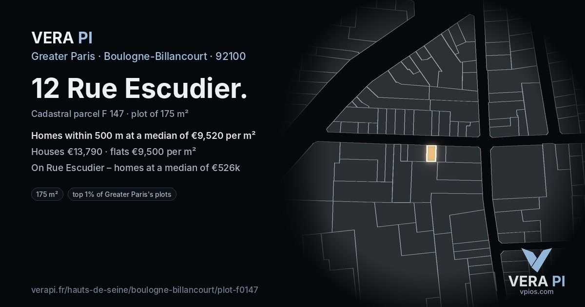 12 Rue Escudier, Boulogne-Billancourt at night – the plot lit, the parcels around coloured by the prices near them