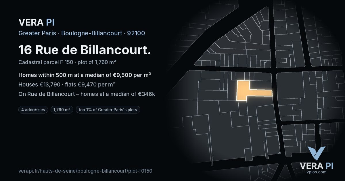16 Rue de Billancourt, Boulogne-Billancourt at night – the plot lit, the parcels around coloured by the prices near them