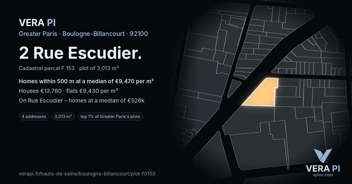 2 Rue Escudier, Boulogne-Billancourt at night – the plot lit, the parcels around coloured by the prices near them