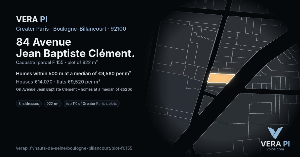 84 Avenue Jean Baptiste Clément, Boulogne-Billancourt at night – the plot lit, the parcels around coloured by the prices near them