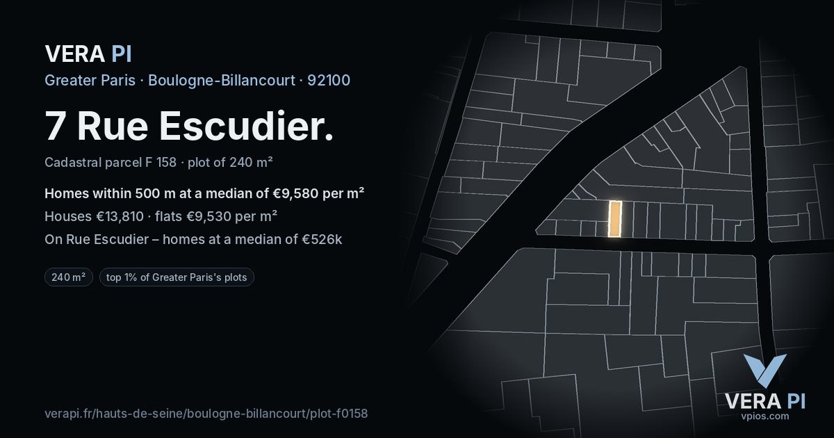 7 Rue Escudier, Boulogne-Billancourt at night – the plot lit, the parcels around coloured by the prices near them