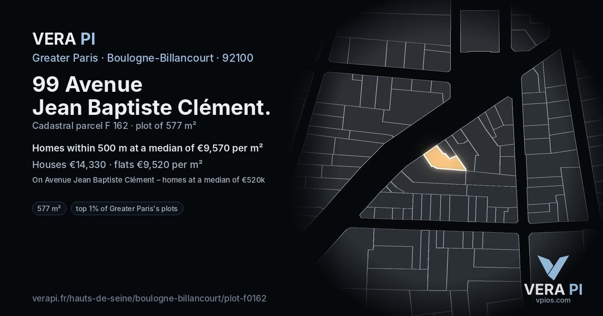 99 Avenue Jean Baptiste Clément, Boulogne-Billancourt at night – the plot lit, the parcels around coloured by the prices near them