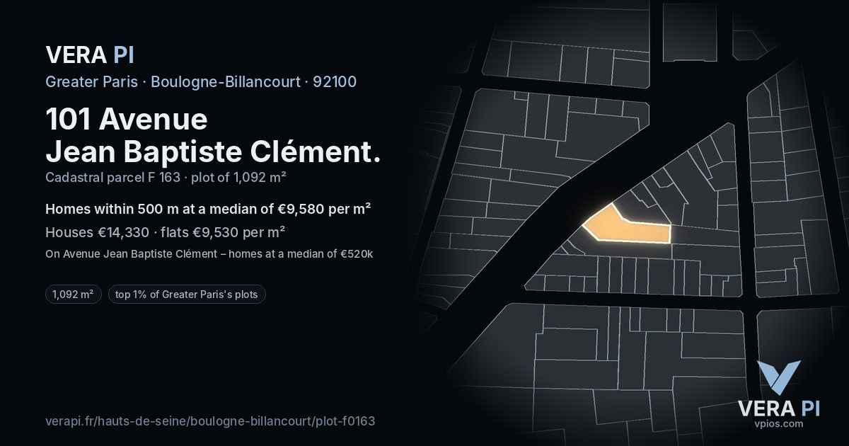 101 Avenue Jean Baptiste Clément, Boulogne-Billancourt at night – the plot lit, the parcels around coloured by the prices near them