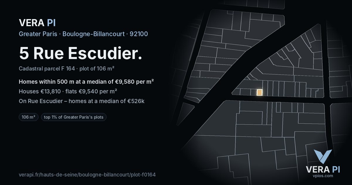 5 Rue Escudier, Boulogne-Billancourt at night – the plot lit, the parcels around coloured by the prices near them