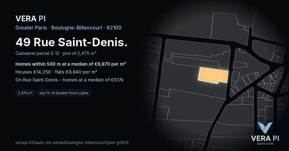 49 Rue Saint-Denis, Boulogne-Billancourt at night – the plot lit, the parcels around coloured by the prices near them