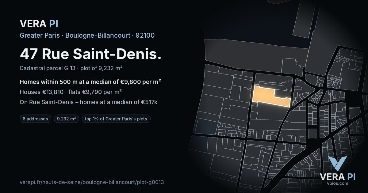 47 Rue Saint-Denis, Boulogne-Billancourt at night – the plot lit, the parcels around coloured by the prices near them