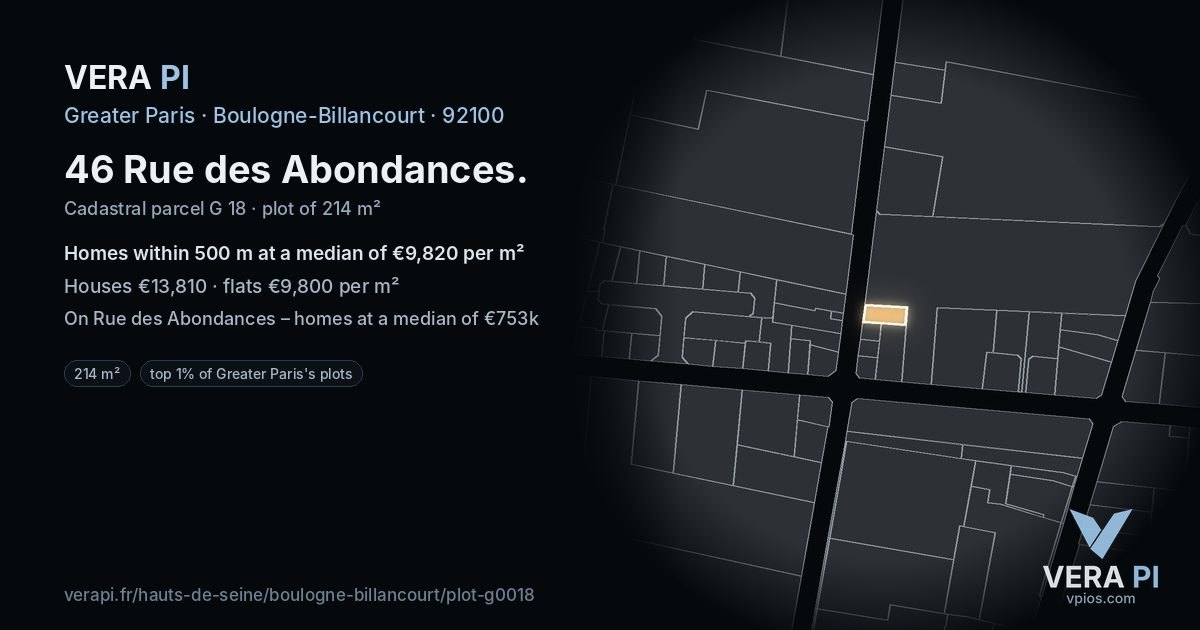 46 Rue des Abondances, Boulogne-Billancourt at night – the plot lit, the parcels around coloured by the prices near them