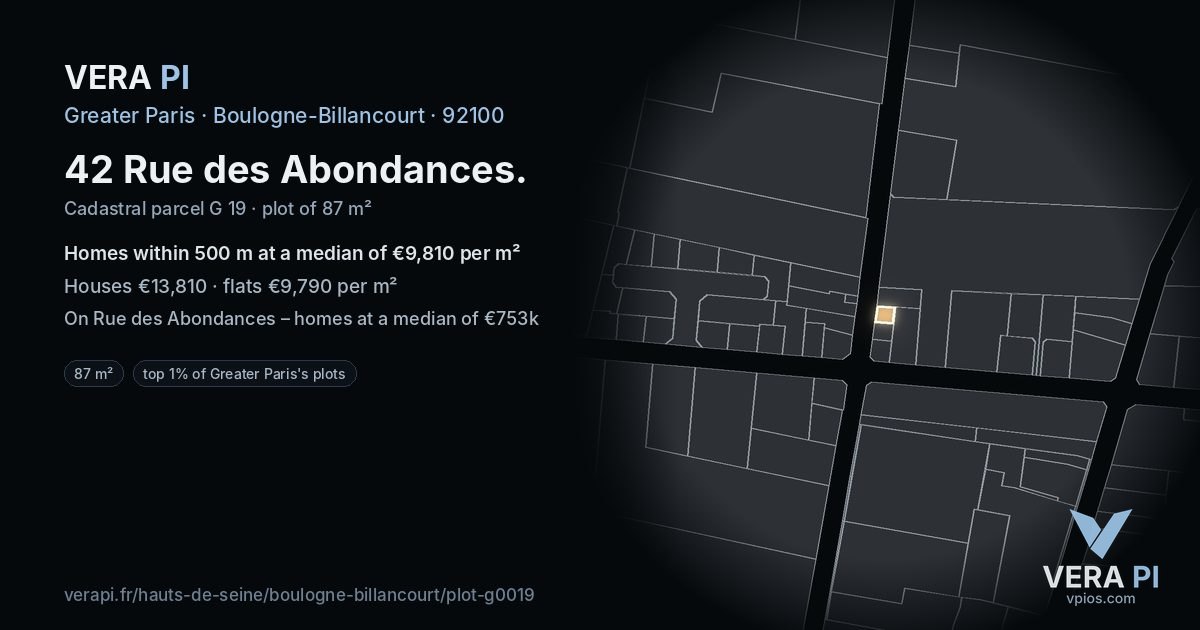 42 Rue des Abondances, Boulogne-Billancourt at night – the plot lit, the parcels around coloured by the prices near them