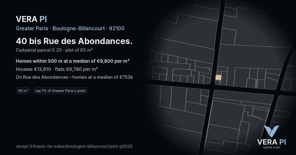 40 bis Rue des Abondances, Boulogne-Billancourt at night – the plot lit, the parcels around coloured by the prices near them