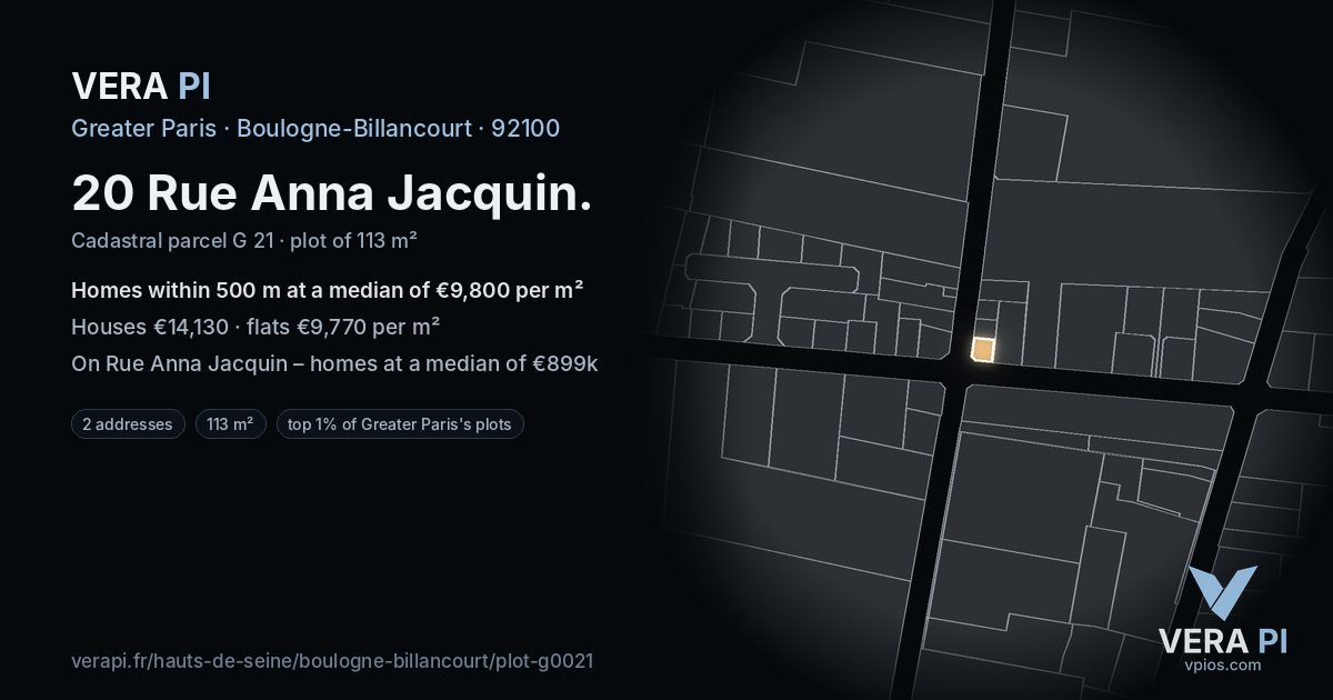 20 Rue Anna Jacquin, Boulogne-Billancourt at night – the plot lit, the parcels around coloured by the prices near them