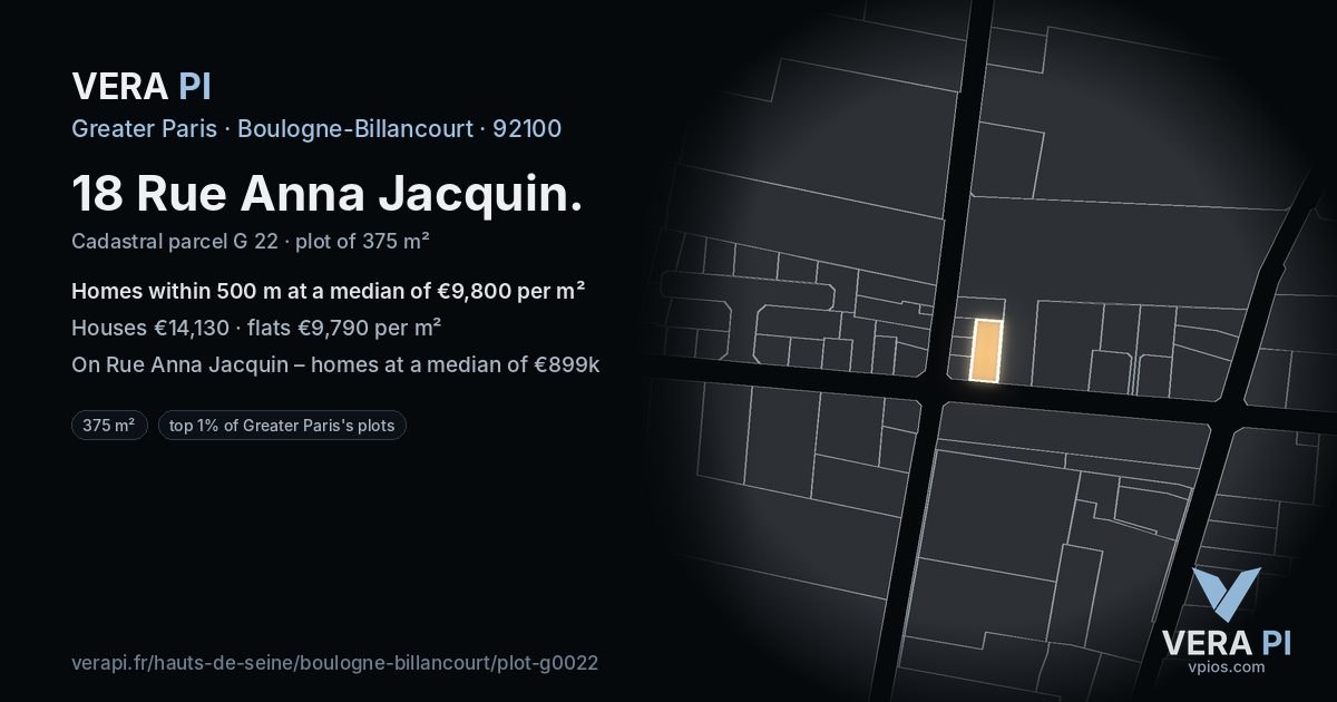 18 Rue Anna Jacquin, Boulogne-Billancourt at night – the plot lit, the parcels around coloured by the prices near them
