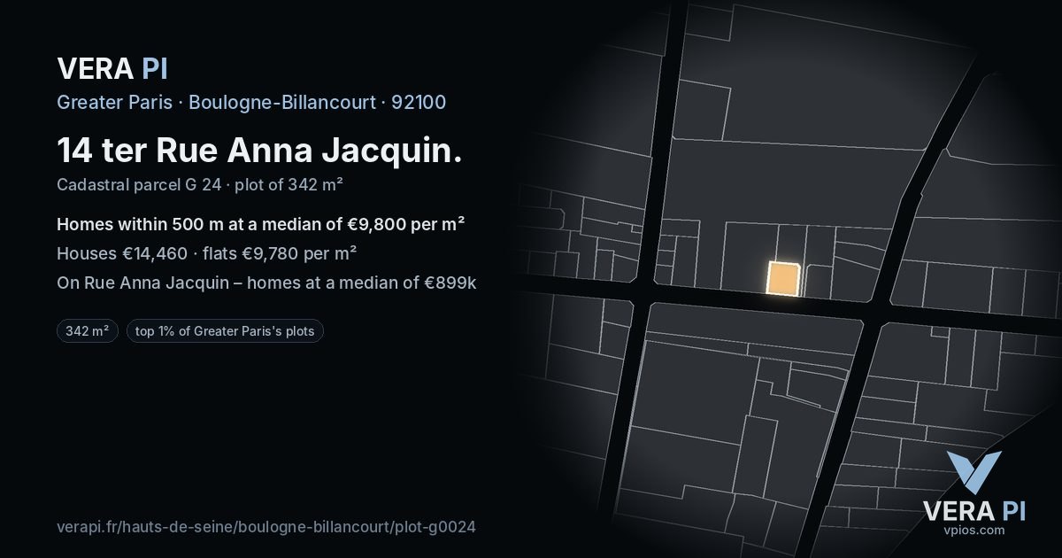 14 ter Rue Anna Jacquin, Boulogne-Billancourt at night – the plot lit, the parcels around coloured by the prices near them