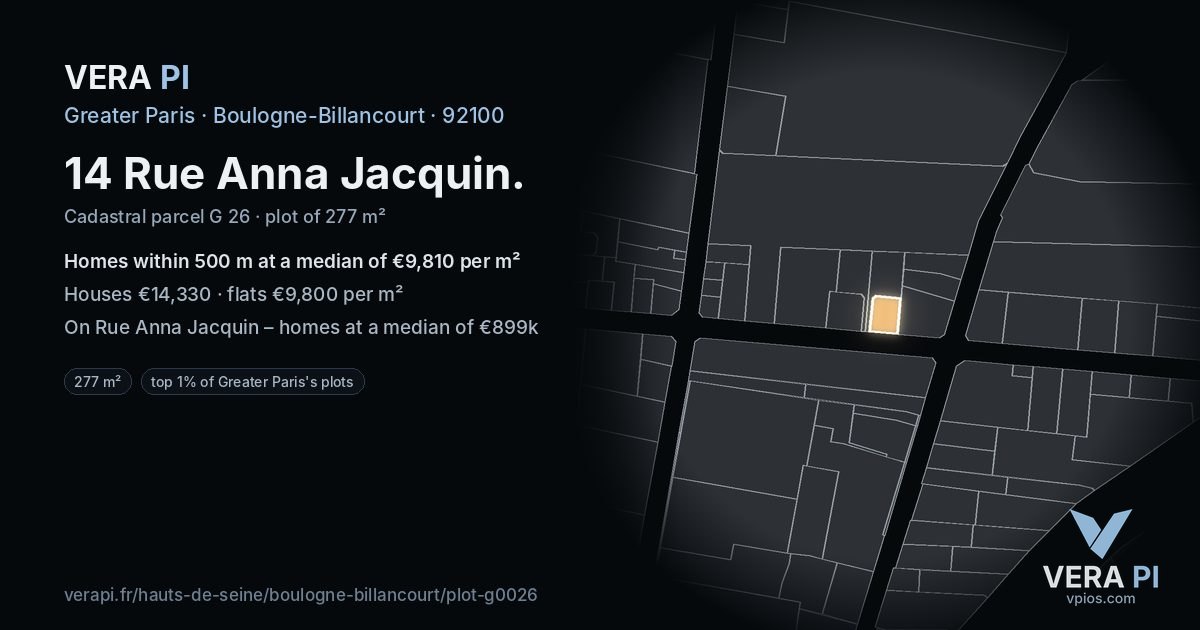 14 Rue Anna Jacquin, Boulogne-Billancourt at night – the plot lit, the parcels around coloured by the prices near them