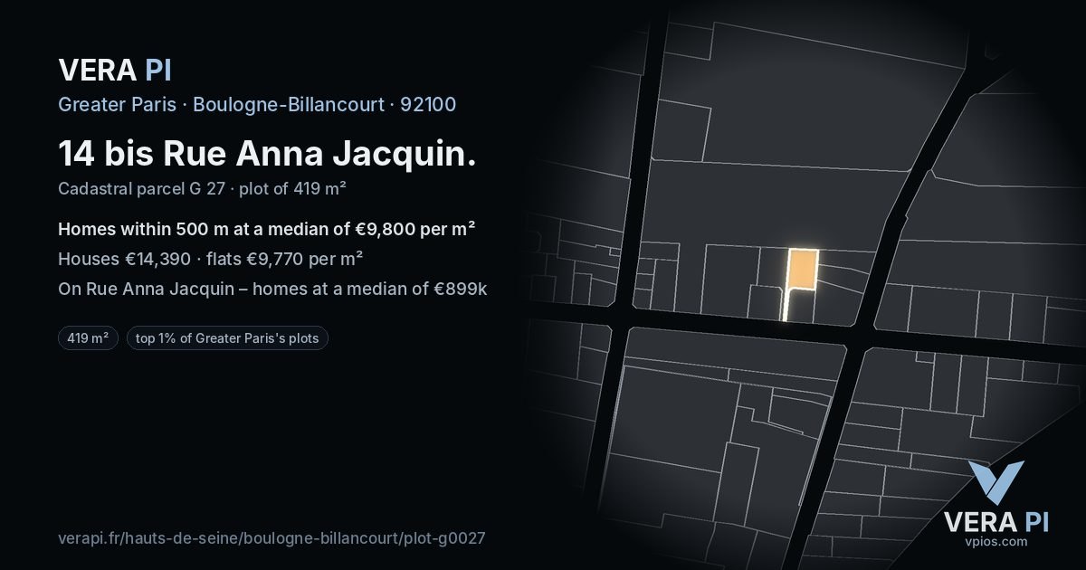 14 bis Rue Anna Jacquin, Boulogne-Billancourt at night – the plot lit, the parcels around coloured by the prices near them