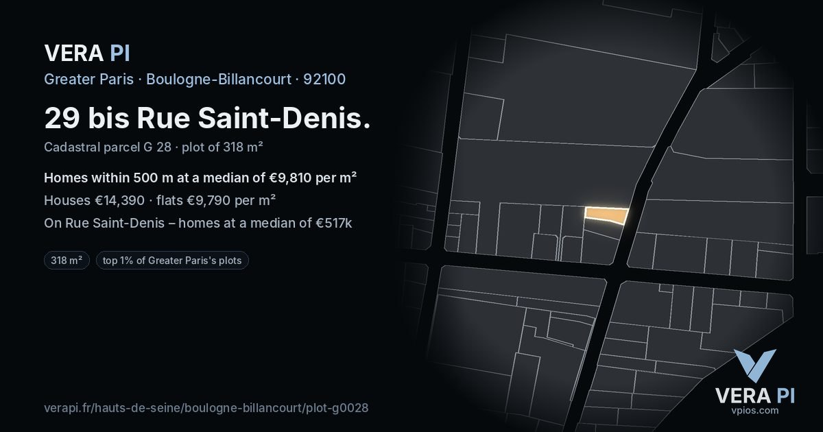 29 bis Rue Saint-Denis, Boulogne-Billancourt at night – the plot lit, the parcels around coloured by the prices near them