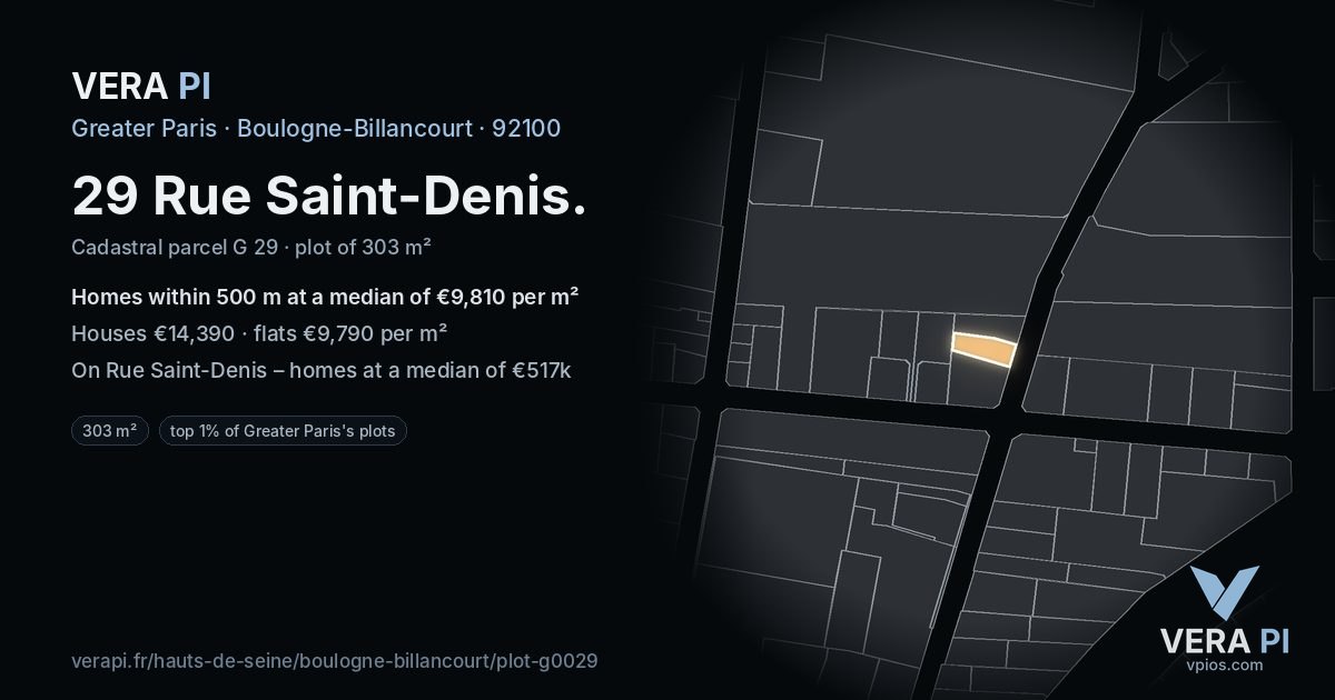29 Rue Saint-Denis, Boulogne-Billancourt at night – the plot lit, the parcels around coloured by the prices near them