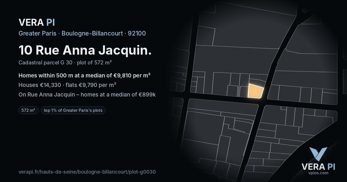 10 Rue Anna Jacquin, Boulogne-Billancourt at night – the plot lit, the parcels around coloured by the prices near them