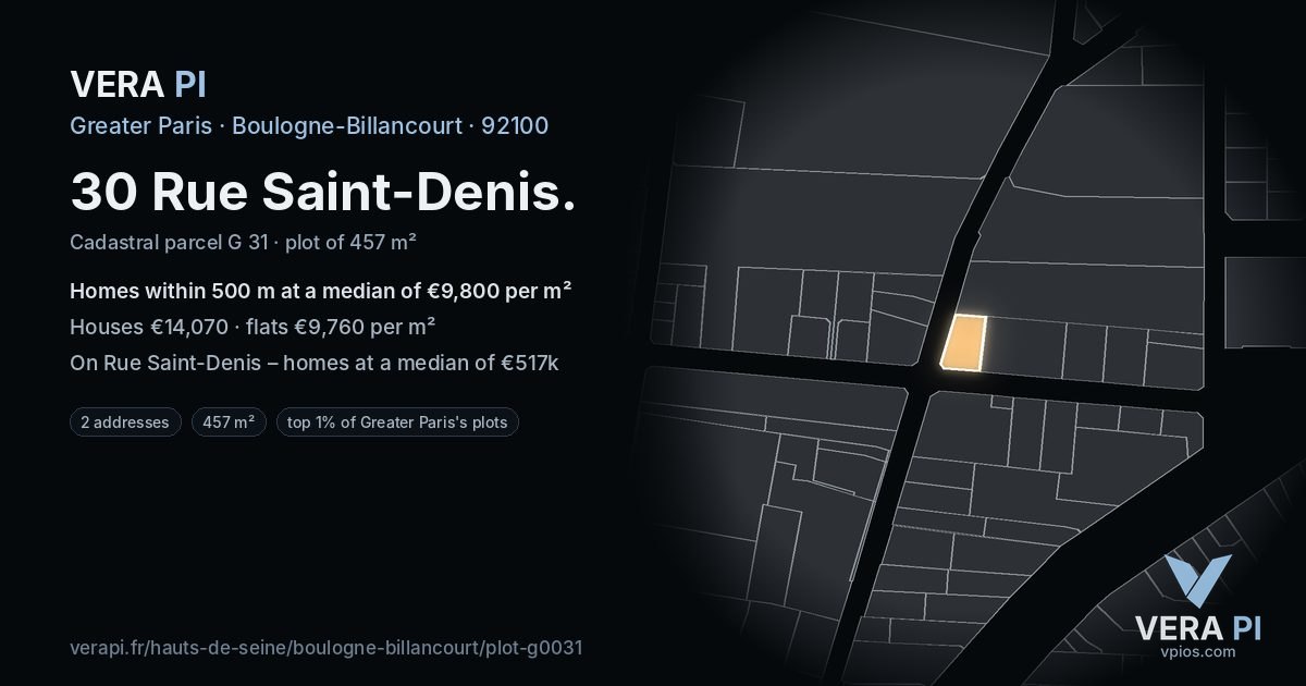 30 Rue Saint-Denis, Boulogne-Billancourt at night – the plot lit, the parcels around coloured by the prices near them