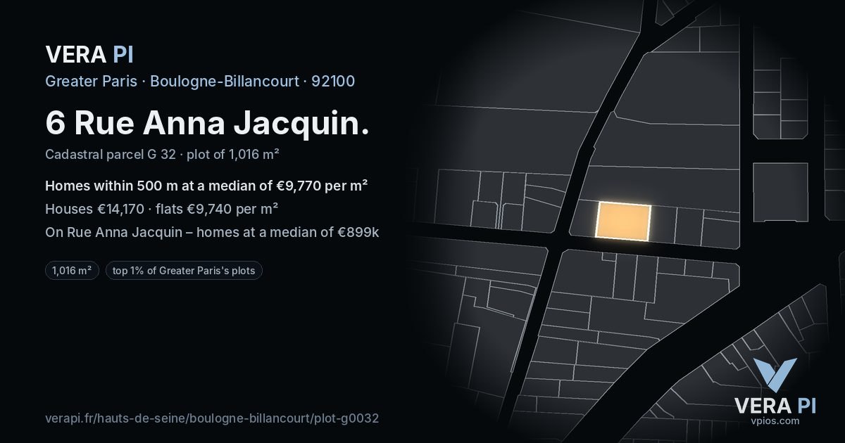 6 Rue Anna Jacquin, Boulogne-Billancourt at night – the plot lit, the parcels around coloured by the prices near them