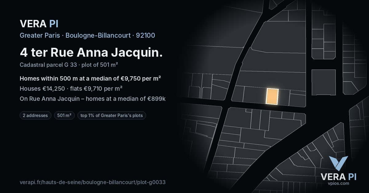 4 ter Rue Anna Jacquin, Boulogne-Billancourt at night – the plot lit, the parcels around coloured by the prices near them