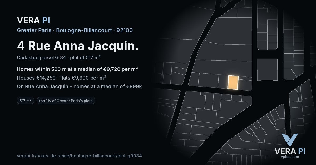4 Rue Anna Jacquin, Boulogne-Billancourt at night – the plot lit, the parcels around coloured by the prices near them