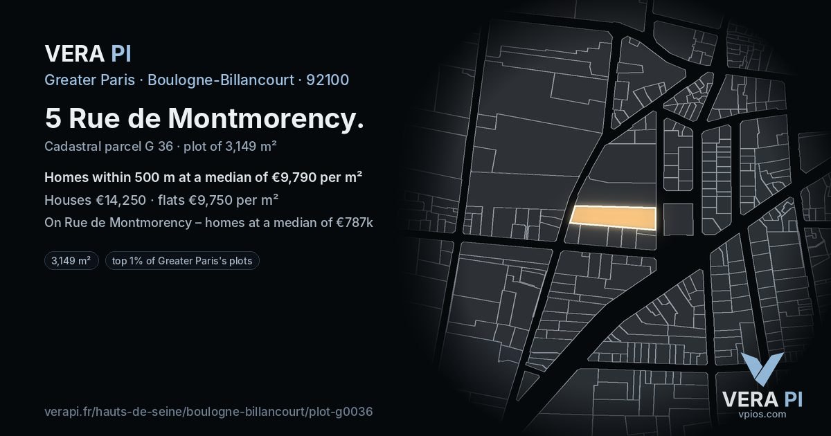 5 Rue de Montmorency, Boulogne-Billancourt at night – the plot lit, the parcels around coloured by the prices near them