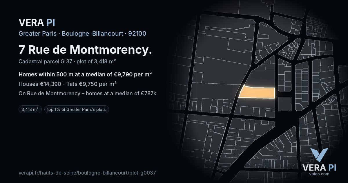 7 Rue de Montmorency, Boulogne-Billancourt at night – the plot lit, the parcels around coloured by the prices near them