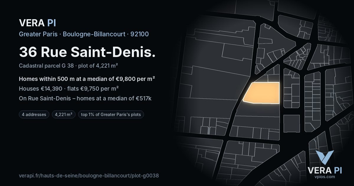 36 Rue Saint-Denis, Boulogne-Billancourt at night – the plot lit, the parcels around coloured by the prices near them