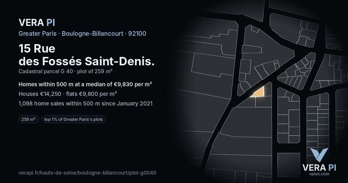 15 Rue des Fossés Saint-Denis, Boulogne-Billancourt at night – the plot lit, the parcels around coloured by the prices near them