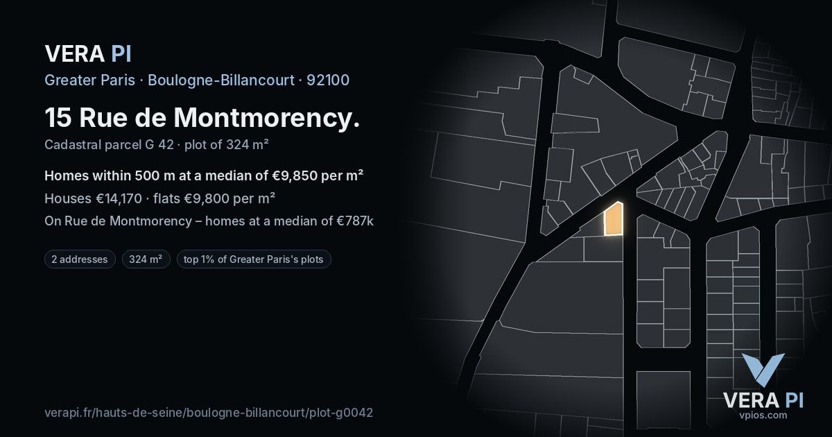 15 Rue de Montmorency, Boulogne-Billancourt at night – the plot lit, the parcels around coloured by the prices near them