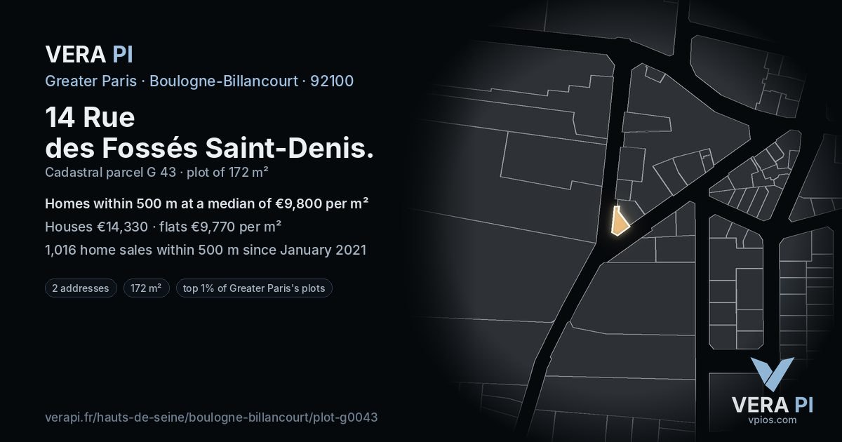 14 Rue des Fossés Saint-Denis, Boulogne-Billancourt at night – the plot lit, the parcels around coloured by the prices near them