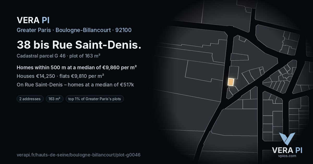 38 bis Rue Saint-Denis, Boulogne-Billancourt at night – the plot lit, the parcels around coloured by the prices near them