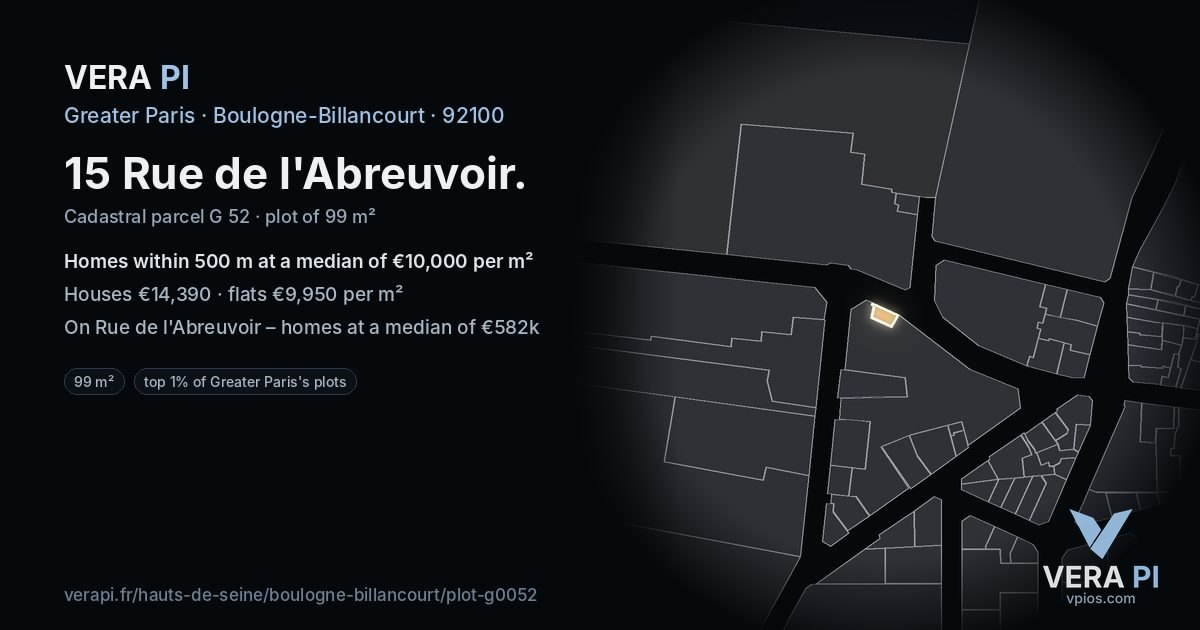 15 Rue de l'Abreuvoir, Boulogne-Billancourt at night – the plot lit, the parcels around coloured by the prices near them